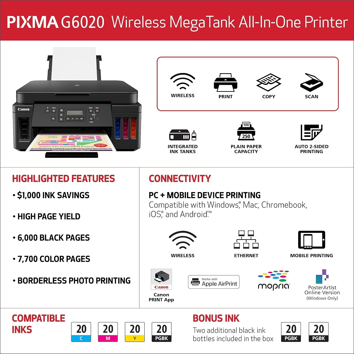 image:imageCanon PIXMA G6020 AllinOne Supertank Wireless Megatank Printer Copier and Scan with Mobile Printing Black Works with AlexaHome office Printer