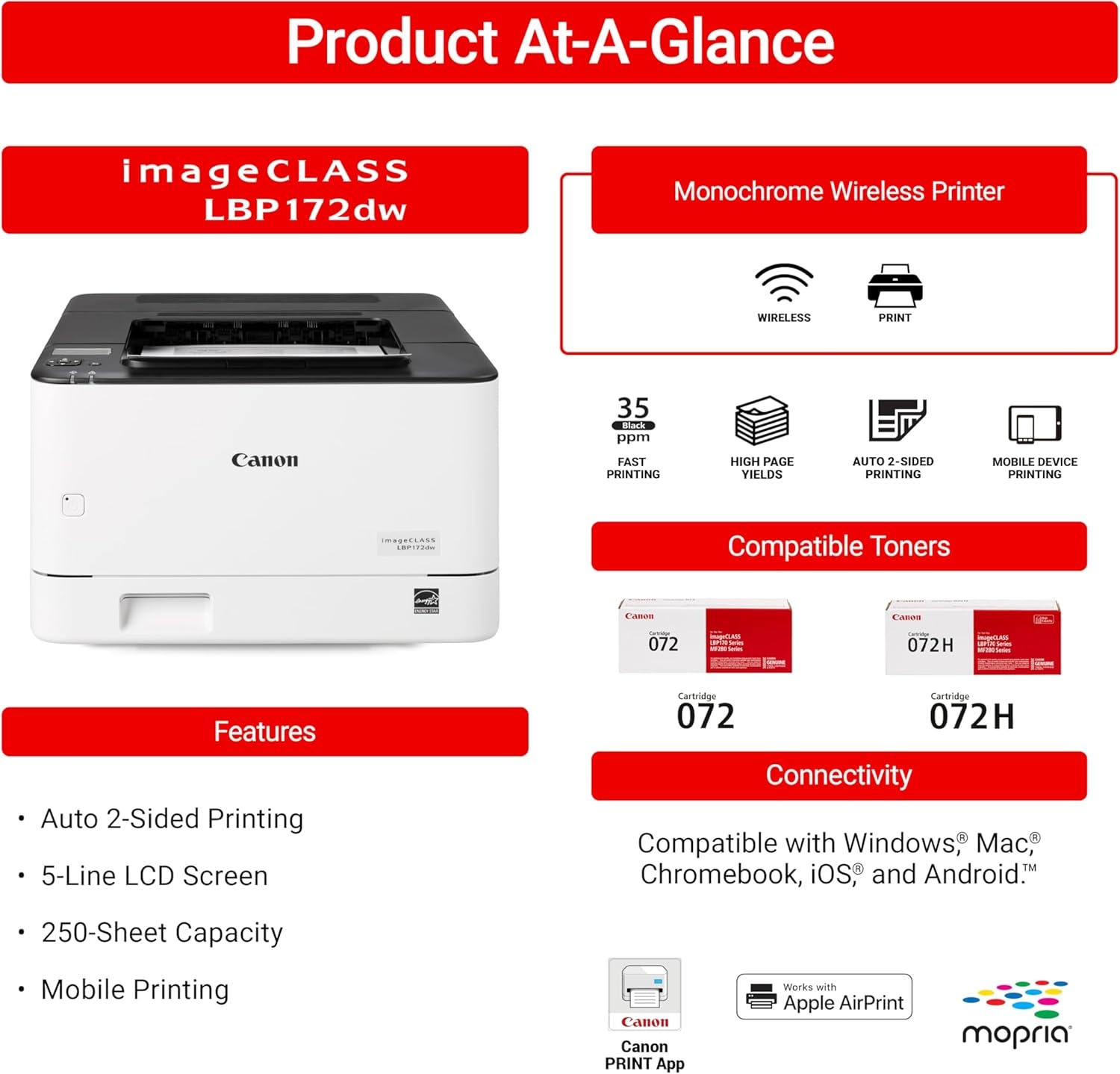 image:imageCanon imageCLASS LBP172dw Monochrome Duplex Wireless Laser Printer Single Function Home Office Mobile Ready 1 Year Limited Warranty 35 PPM WhiteWhite printer 35 ppm