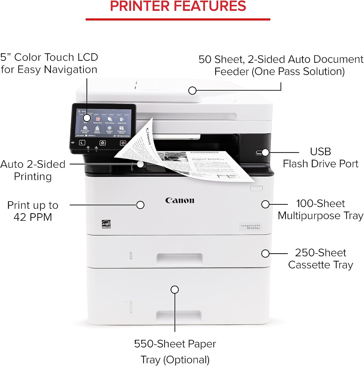 image:imageCanon imageCLASS MF465dw Monochrome Duplex Wireless Laser Printer AllinOne with Scanner Copier Fax Home or Office Auto Document Feeder Mobile Ready 3 Year Limited Warranty 42 PPM WhiteOld Model