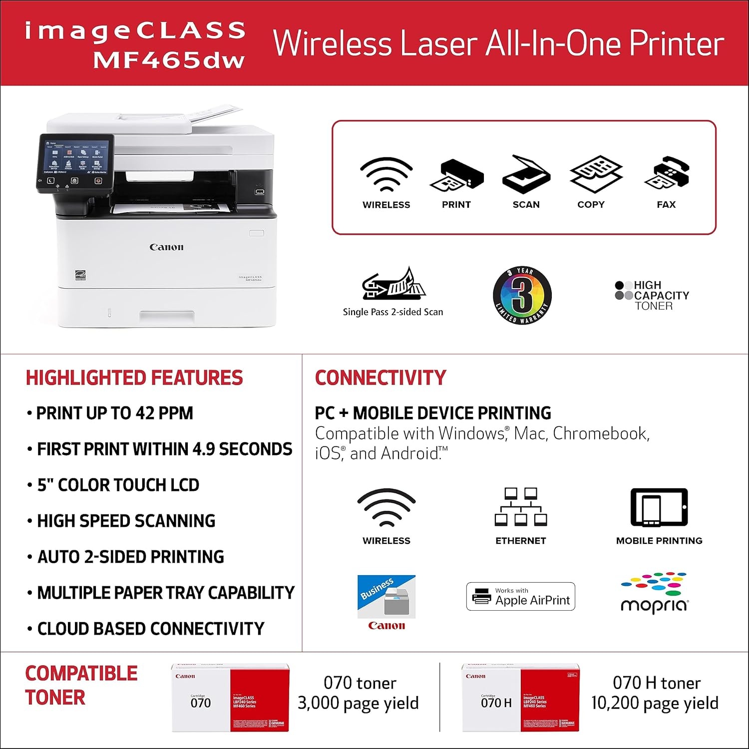 image:imageCanon imageCLASS MF465dw Monochrome Duplex Wireless Laser Printer AllinOne with Scanner Copier Fax Home or Office Auto Document Feeder Mobile Ready 3 Year Limited Warranty 42 PPM WhiteOld Model