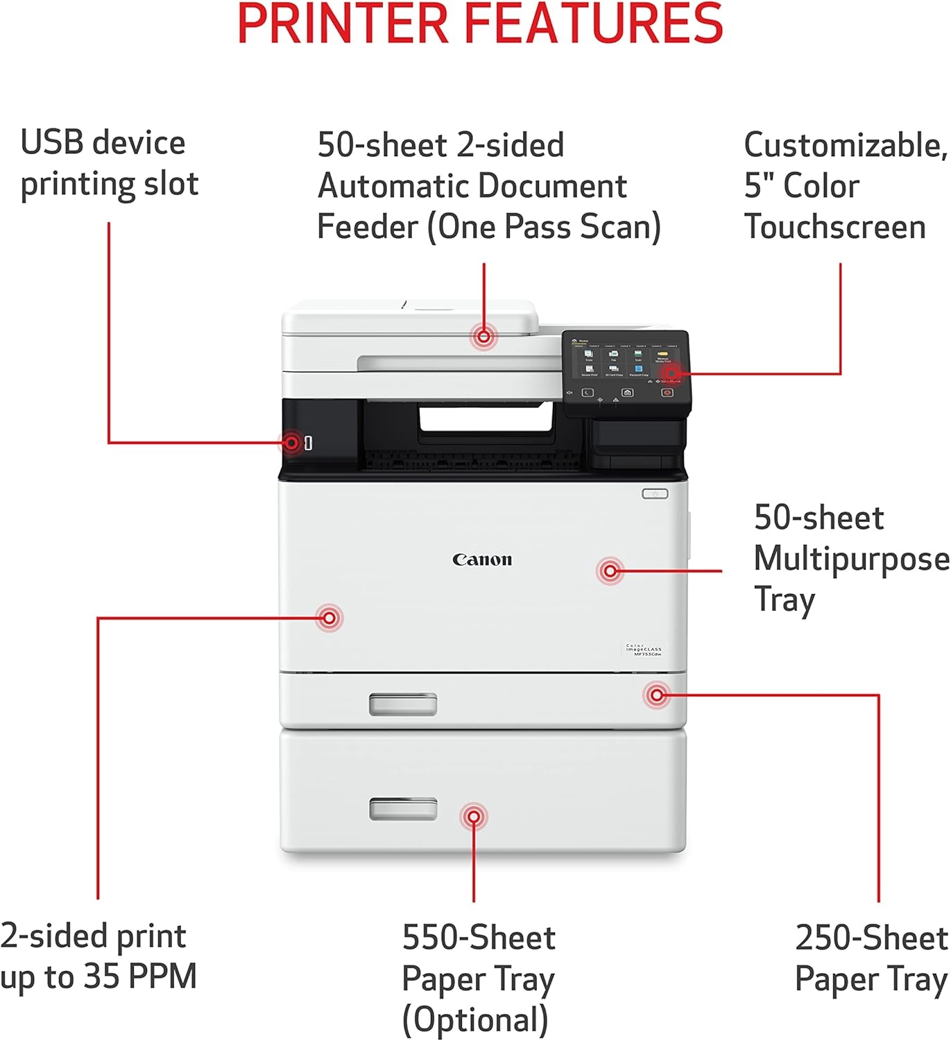 image:imageCanon imageCLASS MF753Cdw Wireless Duplex Color Laser Printer AllinOne with Scanner Copier Fax Auto Document Feeder Mobile Ready 3 Year Limited Warranty 35 PPM WhiteOld Model