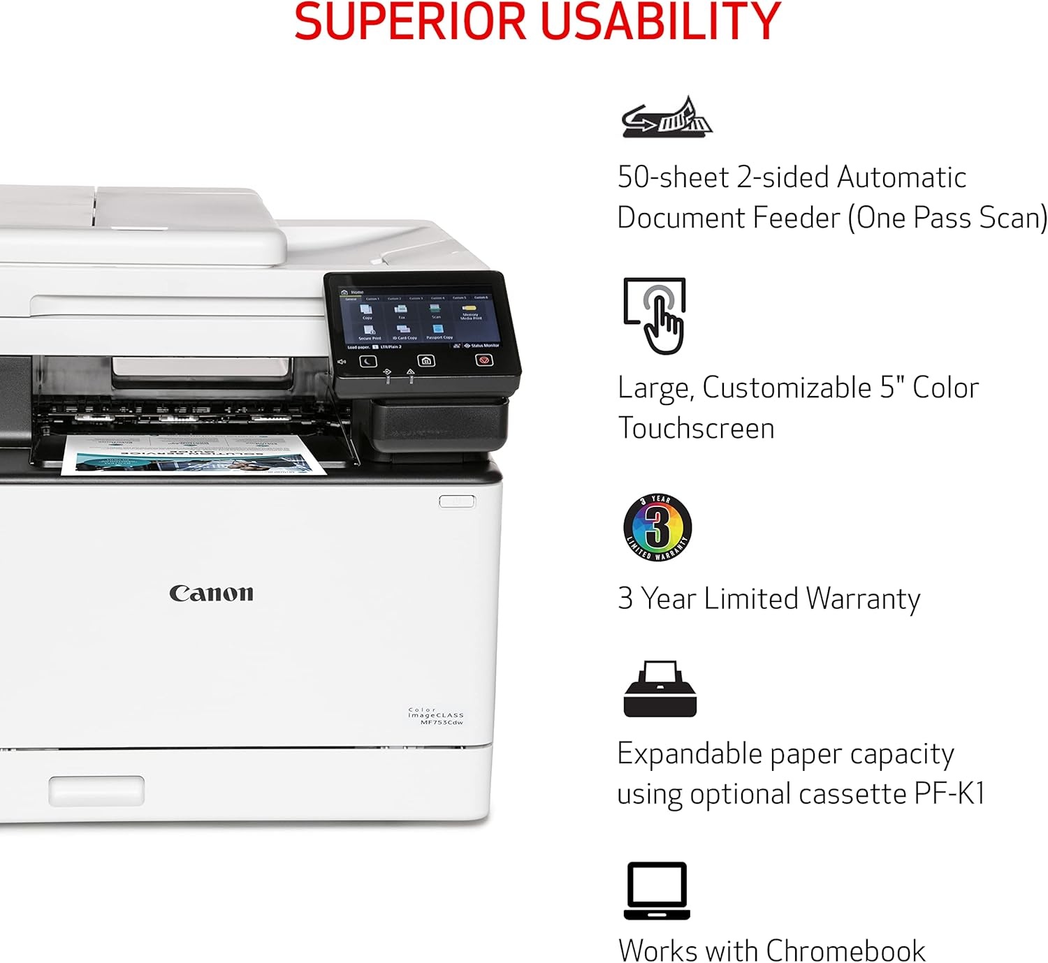 image:imageCanon imageCLASS MF753Cdw Wireless Duplex Color Laser Printer AllinOne with Scanner Copier Fax Auto Document Feeder Mobile Ready 3 Year Limited Warranty 35 PPM WhiteOld Model