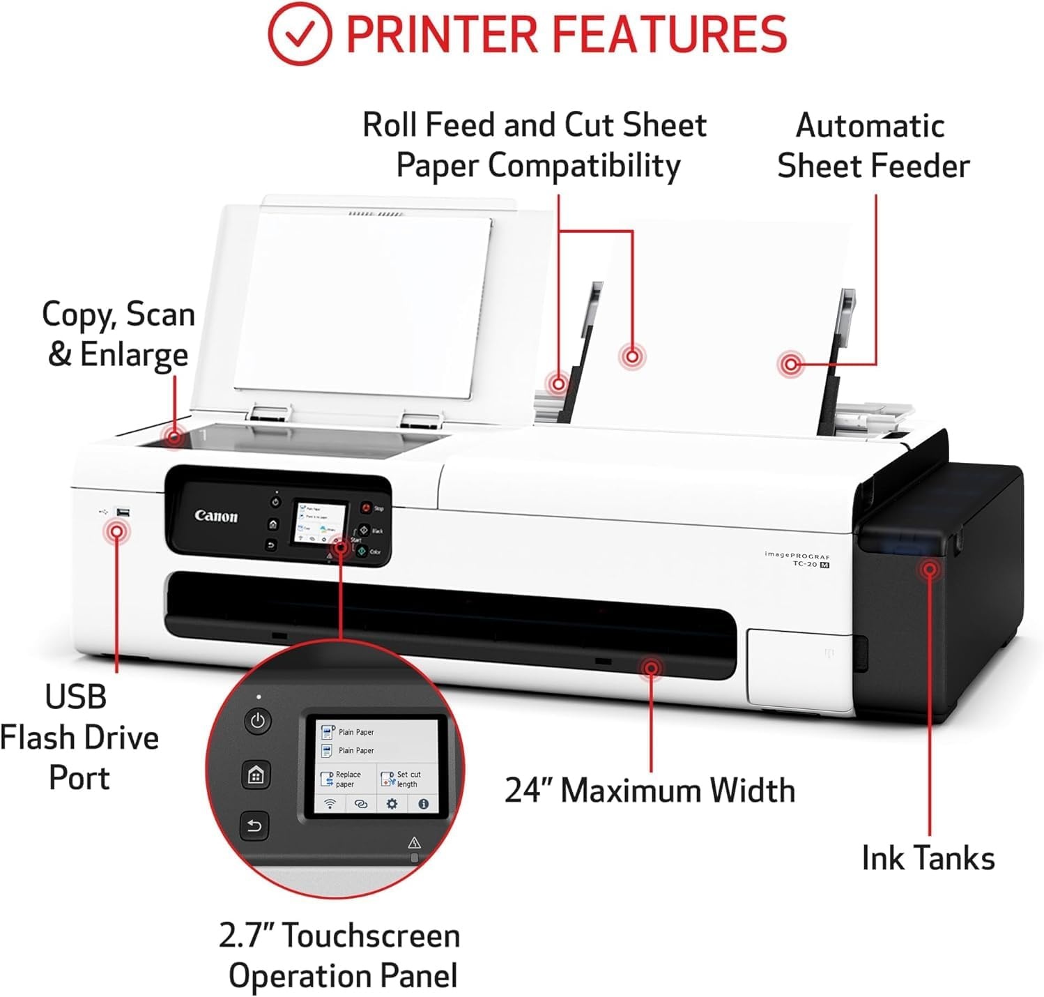 image:imageCanon imagePROGRAF TC20M Multifunction Printer 24 Large Format Poster amp Plotter Printer Automatic Roll amp Cut Sheet Paper Feeder USB WiFi LANWhite