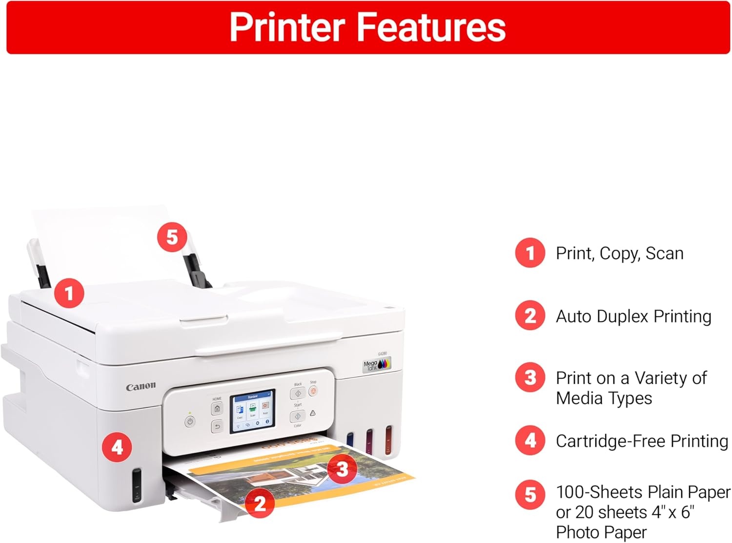 image:imageCanon Megatank G4280 AllinOne Wireless Supertank Megatank Printer Print Copy Scan Mobile Printing 27 LCD Color Touchscreen Auto Document Feeder and Auto DuplexWhite
