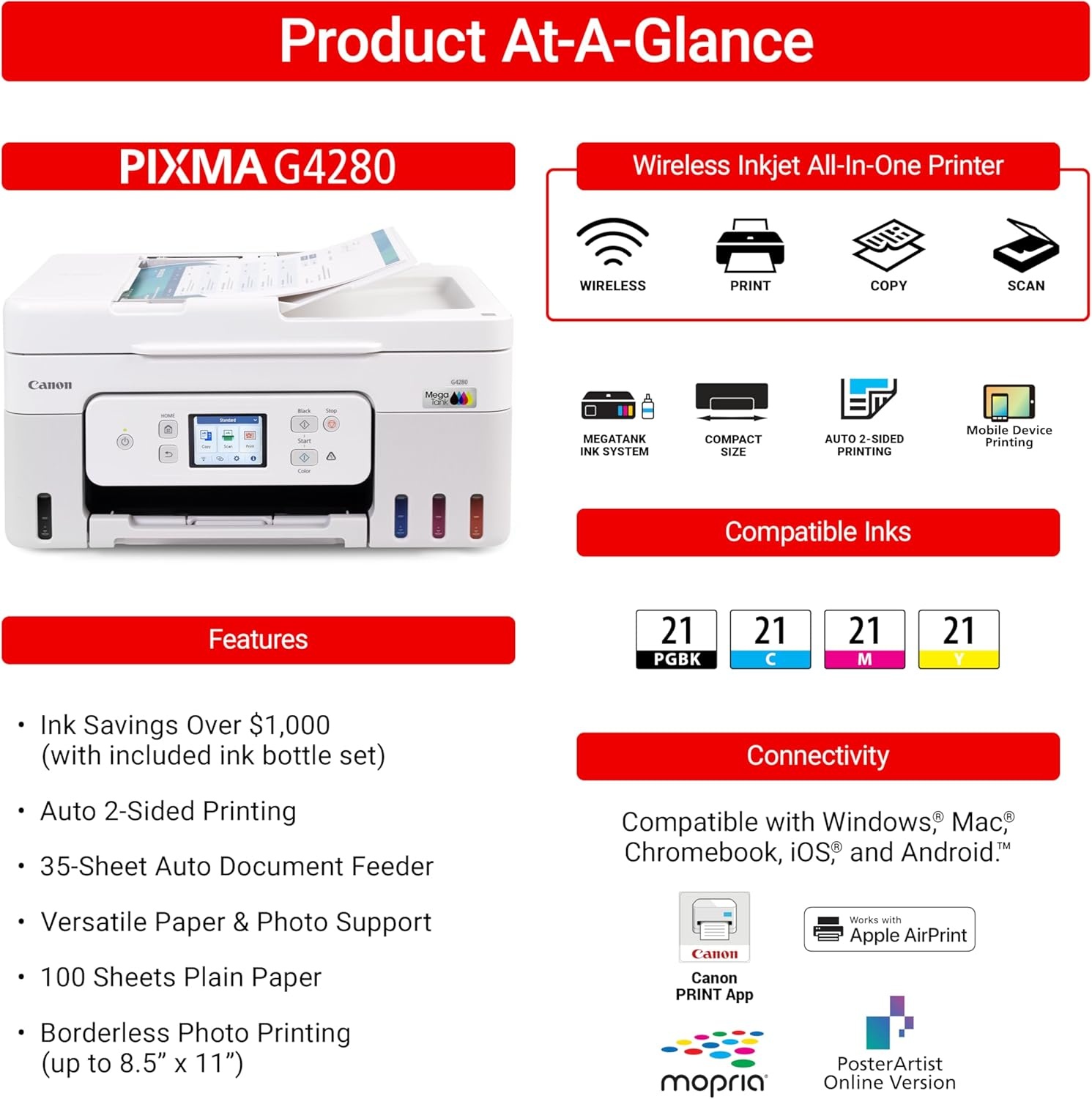 image:imageCanon Megatank G4280 AllinOne Wireless Supertank Megatank Printer Print Copy Scan Mobile Printing 27 LCD Color Touchscreen Auto Document Feeder and Auto DuplexWhite