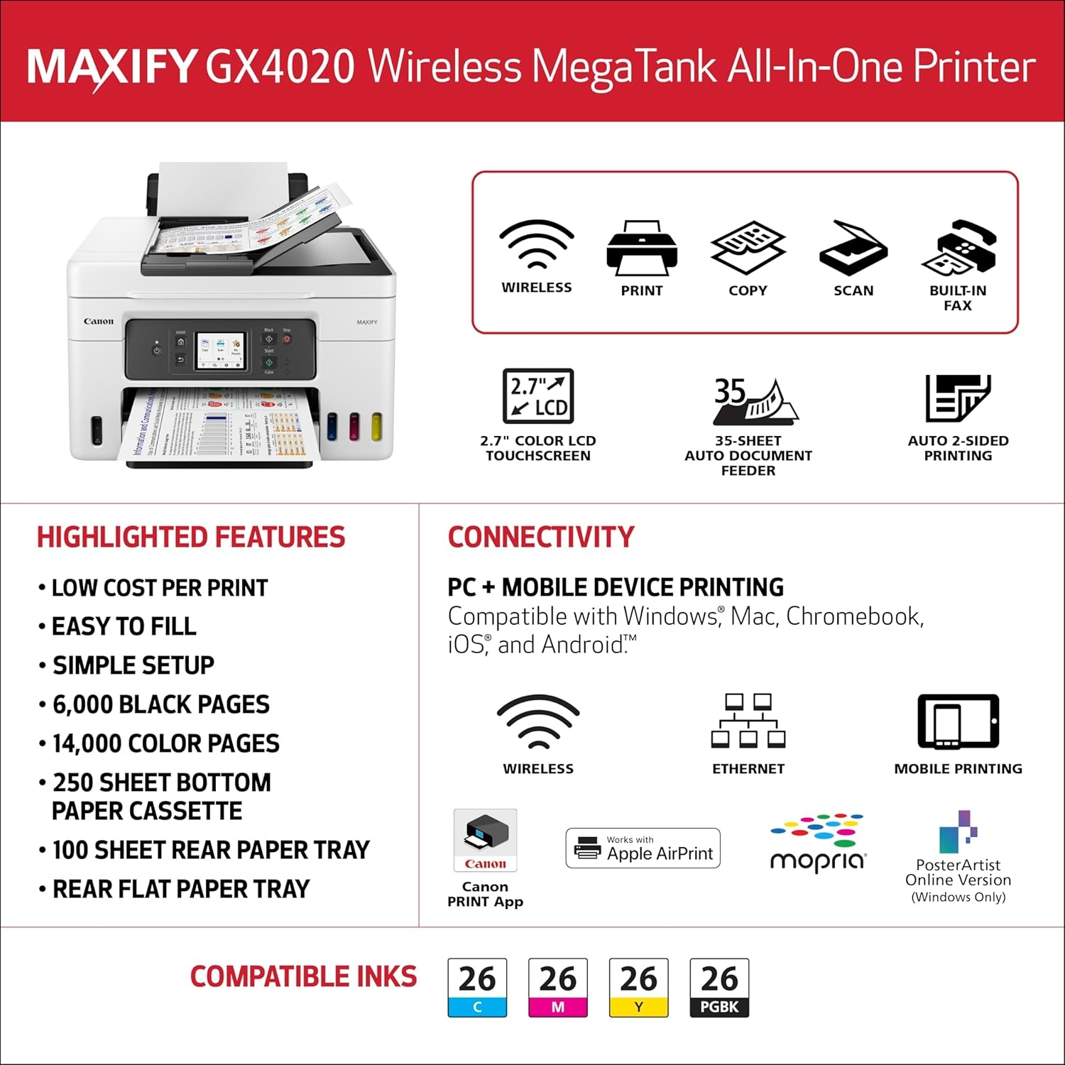 image:imageCanon Megatank GX4020 AllinOne Wireless Supertank Printer with Print Copy Scan and Fax Auto Document Feeder Mobile Printing 27 LCD Touch Screen