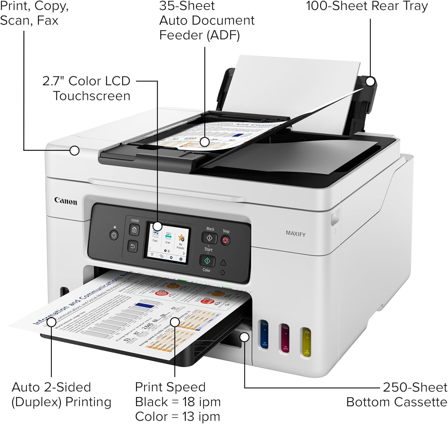image:imageCanon Megatank GX4020 AllinOne Wireless Supertank Printer with Print Copy Scan and Fax Auto Document Feeder Mobile Printing 27 LCD Touch Screen
