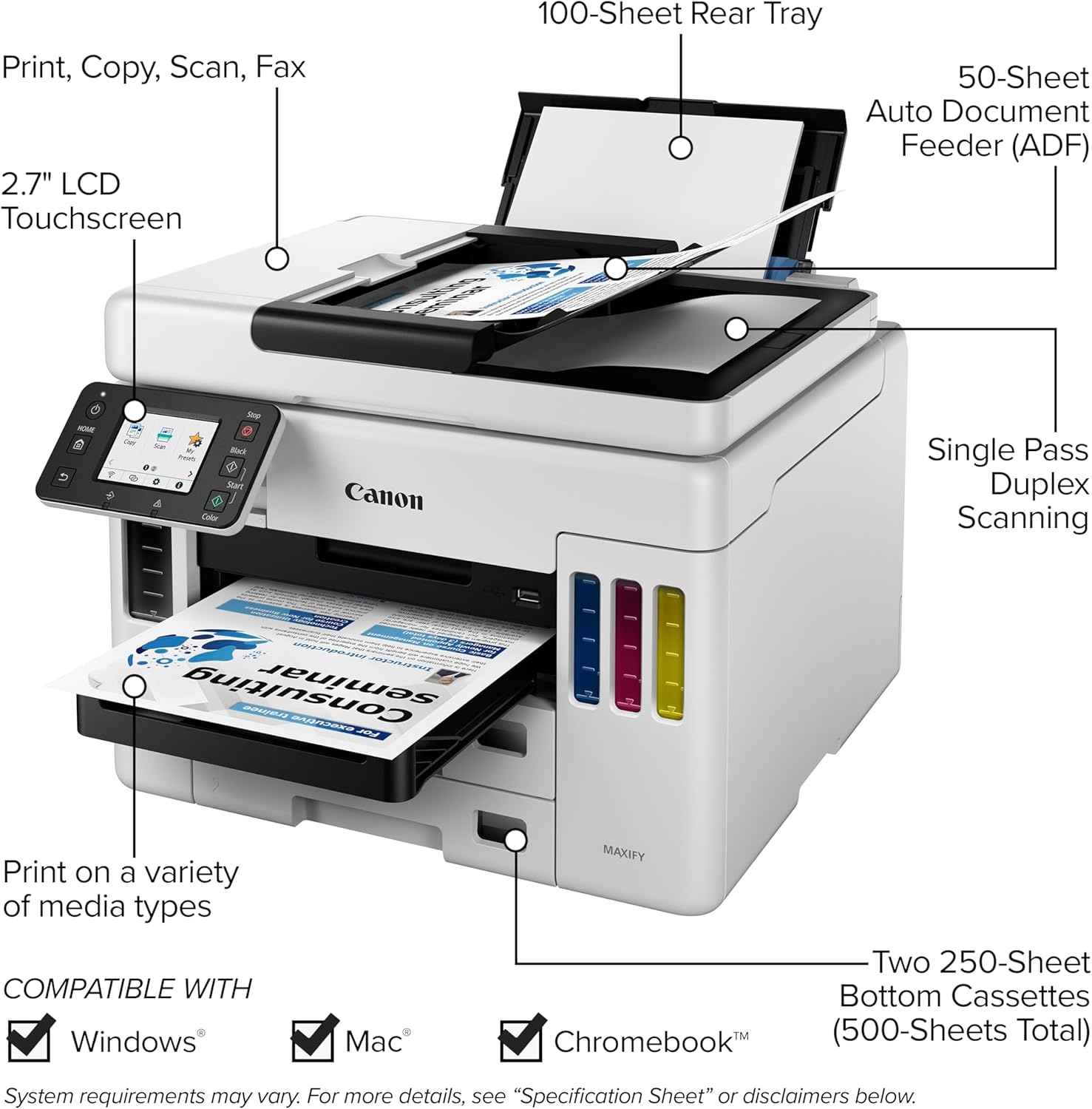 image:imageCanon Megatank GX7120 Wireless AllinOne Printer Print Copy Scan and Fax with 27 LCD Touch Screen and Auto Document Feeder WhiteMegatank GX7021