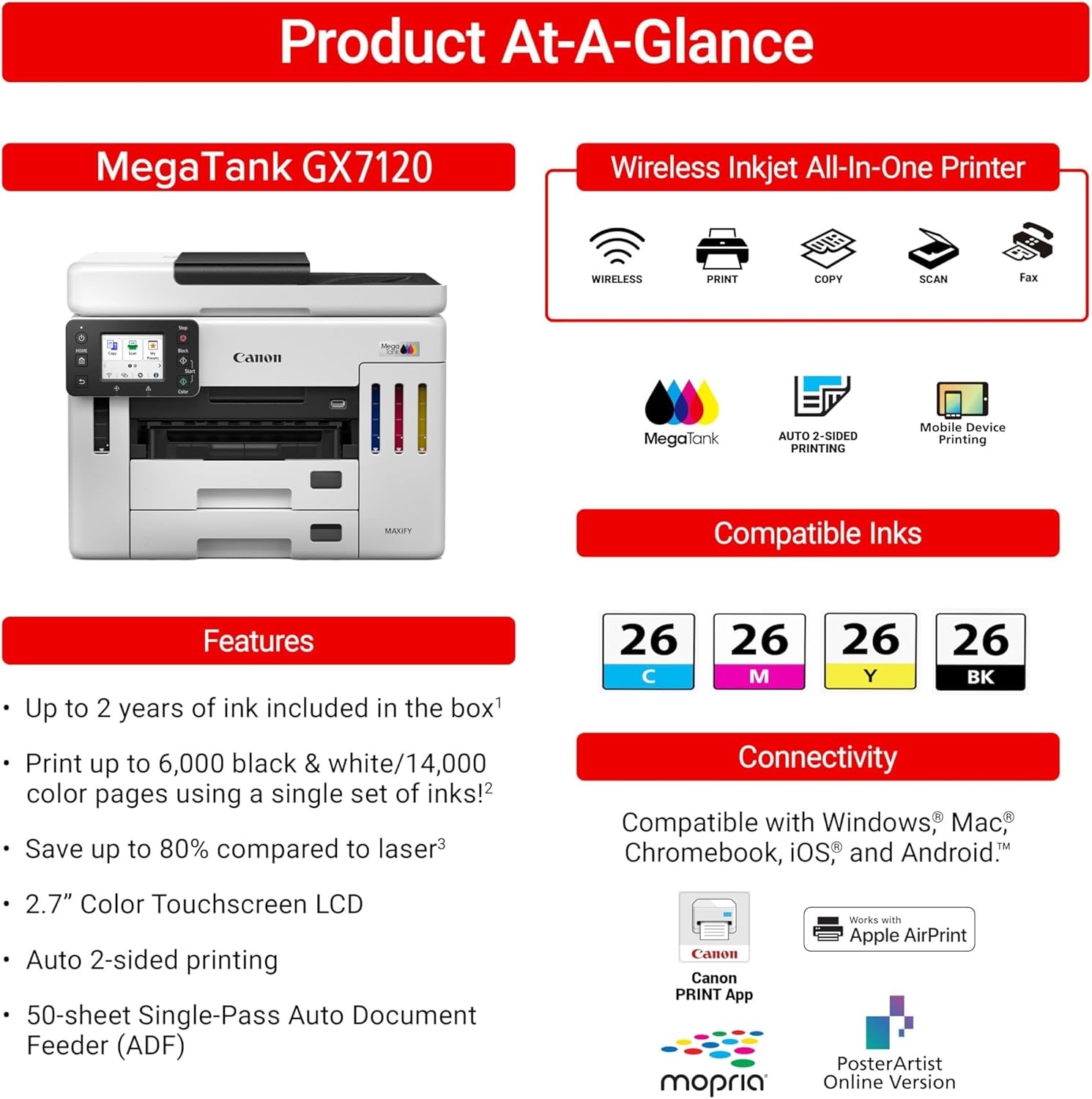 image:imageCanon Megatank GX7120 Wireless AllinOne Printer Print Copy Scan and Fax with 27 LCD Touch Screen and Auto Document Feeder WhiteMegatank GX7120