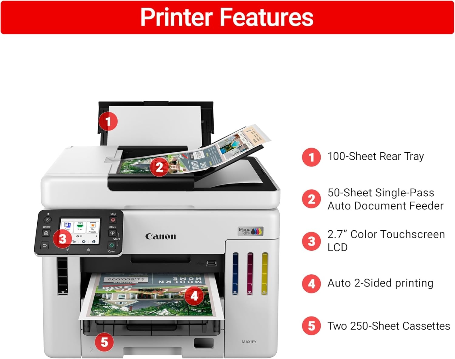 image:imageCanon Megatank GX7120 Wireless AllinOne Printer Print Copy Scan and Fax with 27 LCD Touch Screen and Auto Document Feeder WhiteMegatank GX7120