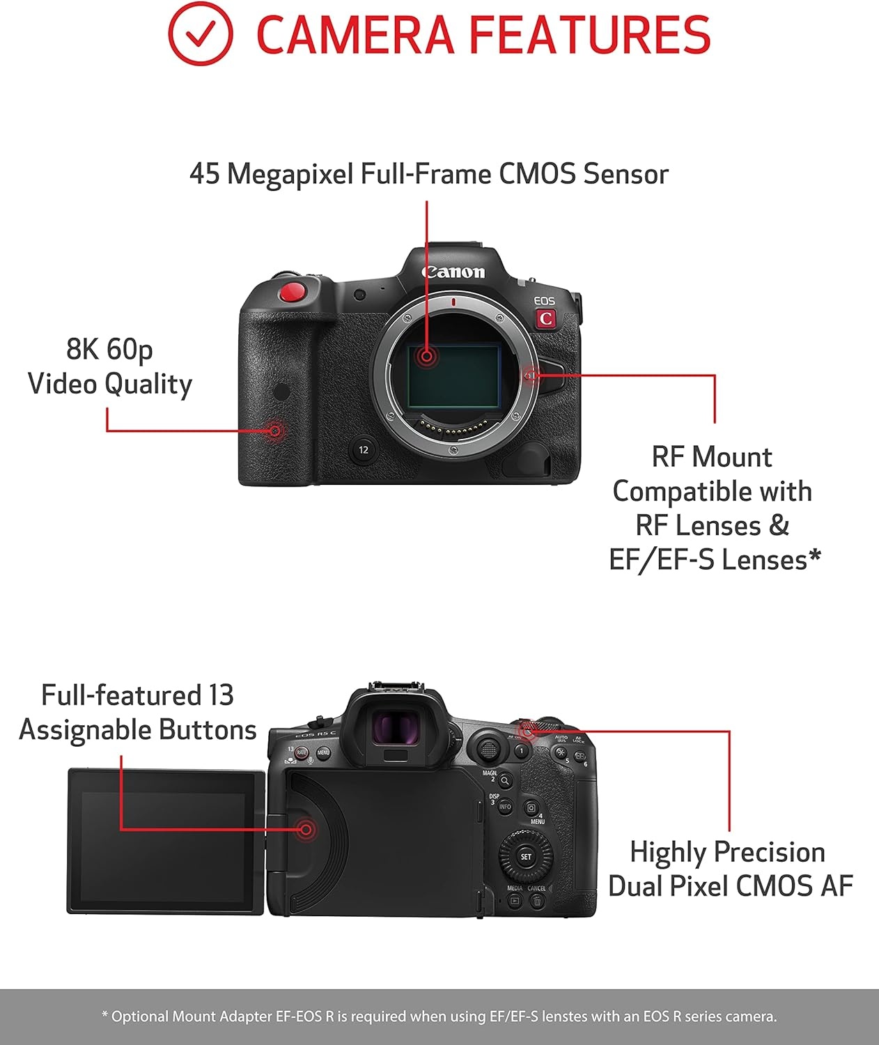 image:imageCanon EOS R5 C RF24105mm F4 L is USM Lens Kit 8K60P FF Sensor Pro CinemaPhoto Camera RF Mount Internal RAW 8K HDMI RAW Out 4K2K Oversampling Compact Lightweight Design Dual Pixel CMOS AFR5 C Body Only