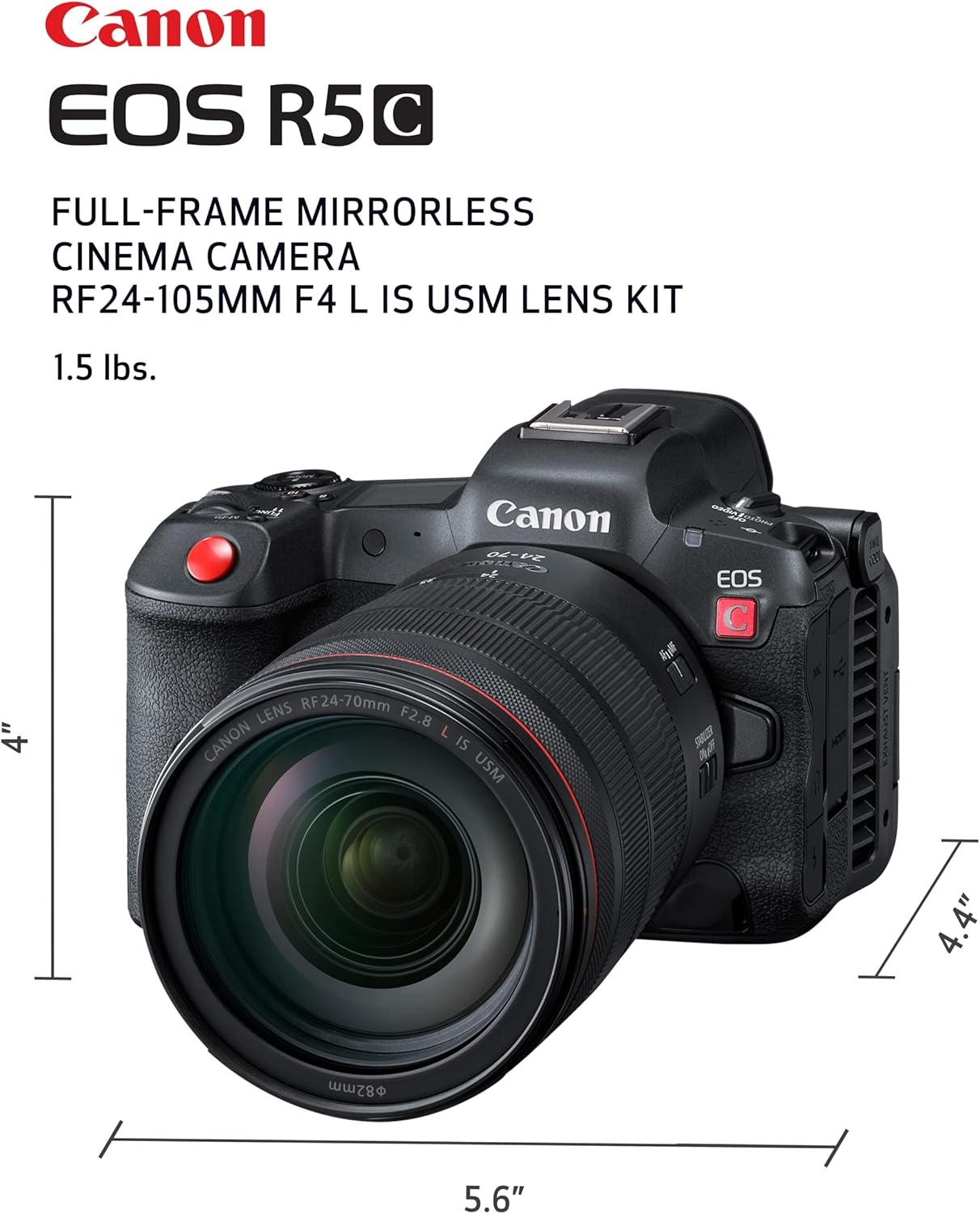 image:imageCanon EOS R5 C RF24105mm F4 L is USM Lens Kit 8K60P FF Sensor Pro CinemaPhoto Camera RF Mount Internal RAW 8K HDMI RAW Out 4K2K Oversampling Compact Lightweight Design Dual Pixel CMOS AF24105mm f4 Kit