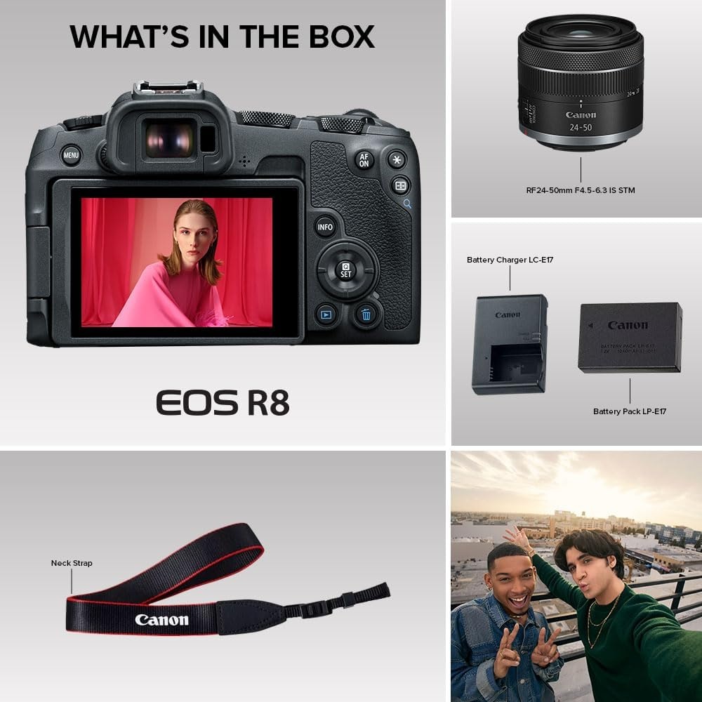image:imageCanon EOS R8 Mirrorless Camera with RF 2450mm f4563 is STM Lens BlackEOS R8 wRF2450mm