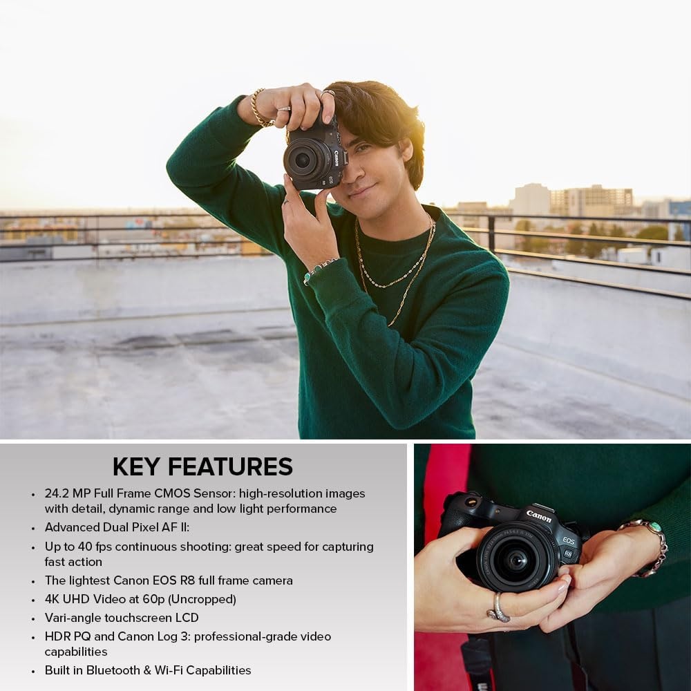 image:imageCanon EOS R8 Mirrorless Camera with RF 2450mm f4563 is STM Lens BlackEOS R8 wRF2450mm
