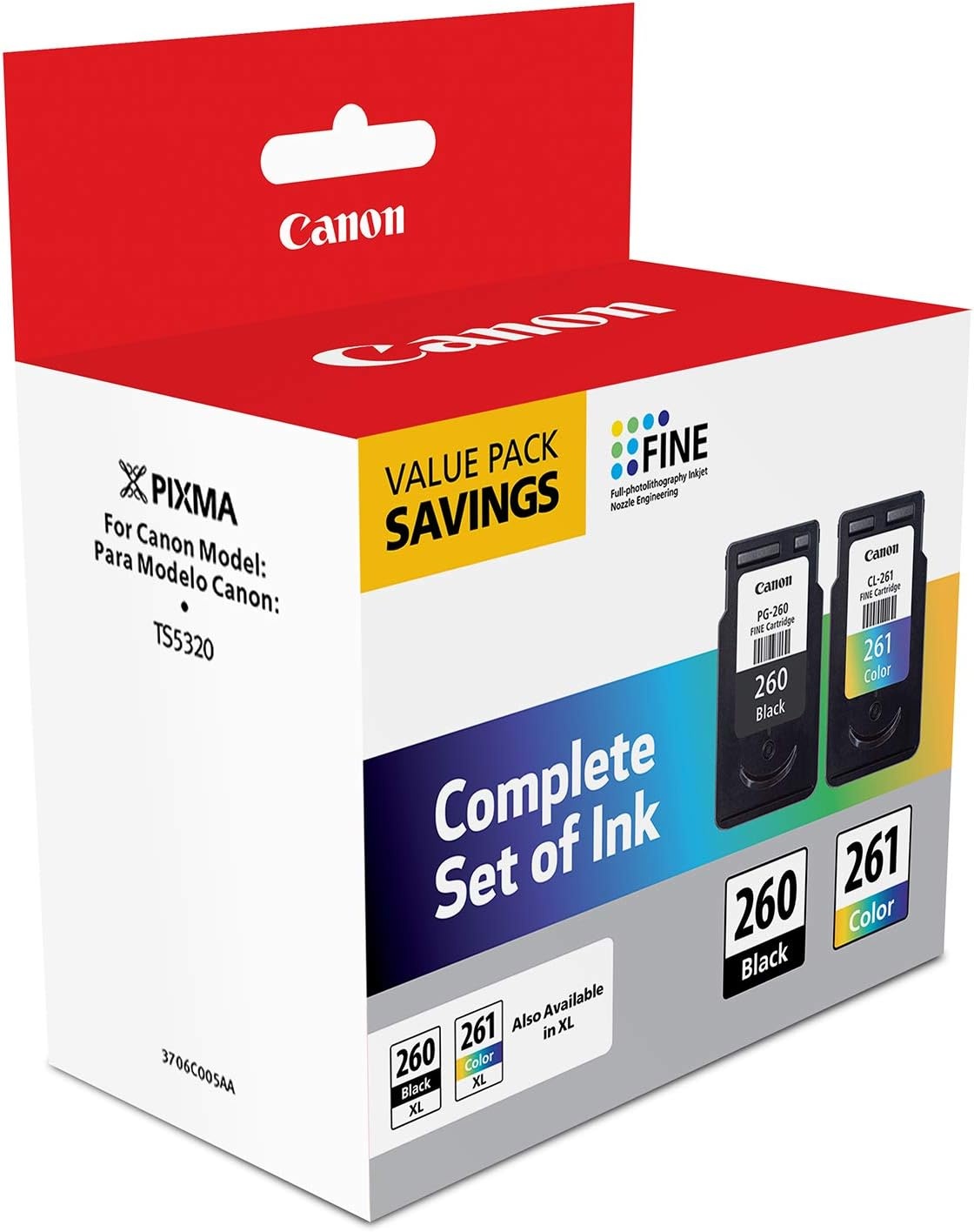 image:imageCanon PG260 CLI261 Genuine Ink Value Pack 2 Cartridges Compatible with TS5320 TR7020Once Size Pack of 2