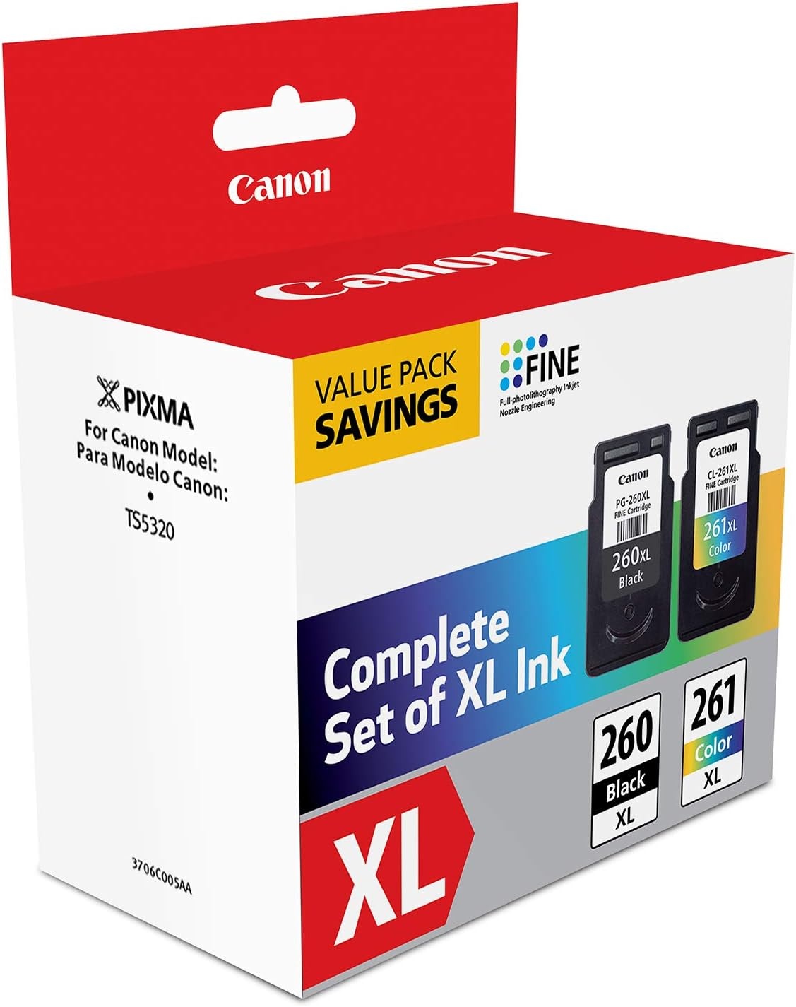 image:imageCanon PG260 XL CLI261 XL Genuine Ink Value Pack 2 Cartridges Compatible with TS5320 TR7020Once Size Pack of 2
