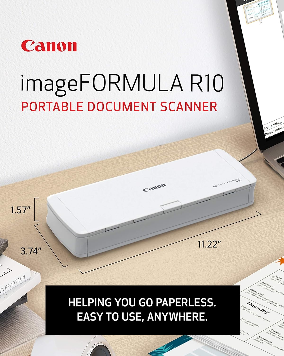 image:imageCanon imageFORMULA R10 Portable Document Scanner USB Powered Duplex Scanning Document Feeder Easy Setup Convenient Perfect for Mobile Users White