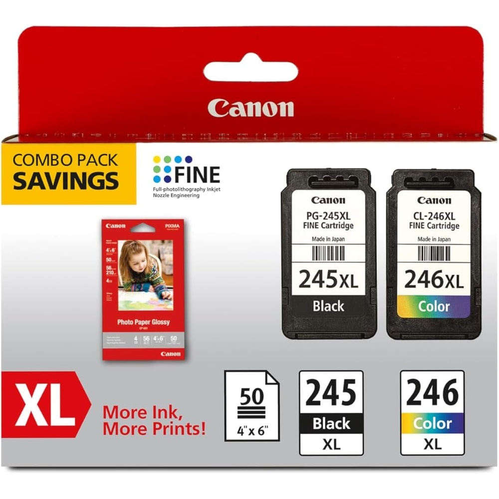 image:imageCanon PG245 XL CL246 XL Genuine Ink Value Pack 2 Cartridges with 50Sheet Photo Paper Compatible with iP2820 MG242029242920302025222525 MX492 TS3120302302a202202a45203320Ink and Paper